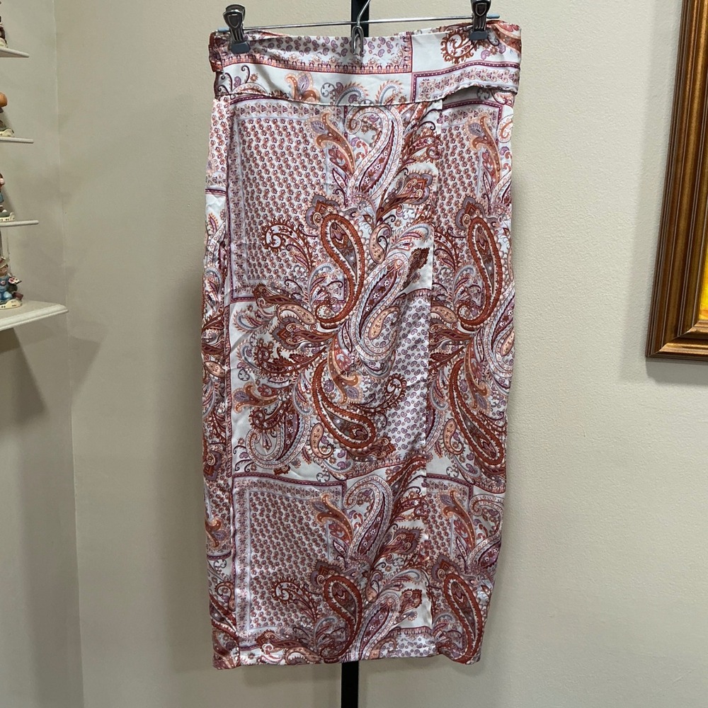 Lulus Midi Skirt Scarf Print Paisley Large Cream Rust Satin High Waist Tie Slit